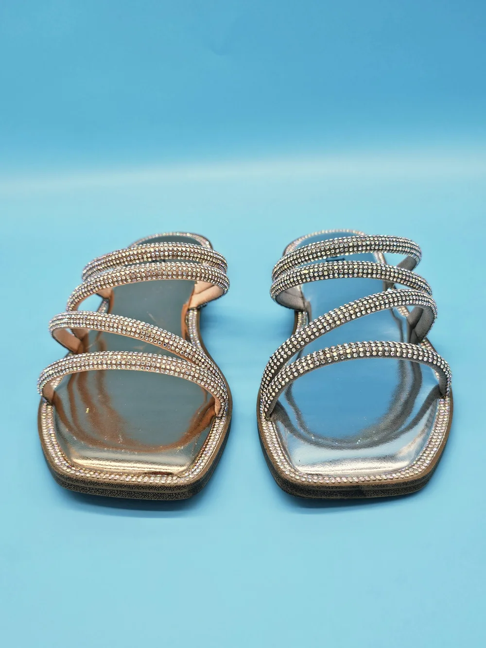 Women's Metallic Rhinestone Strap Slide Sandals - Rose Gold